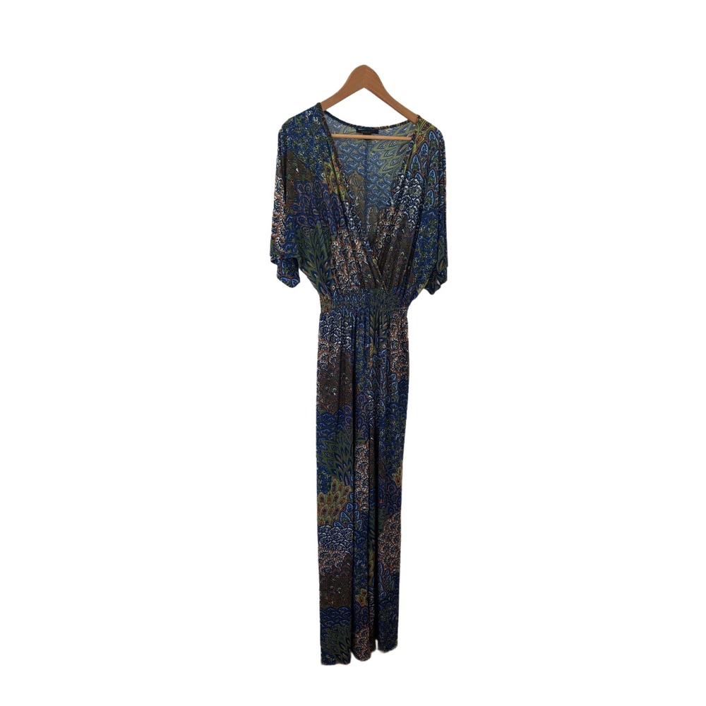 5th & Love Peacock Paisley Print Jumpsuit Blue Green Smocked Waist Womens XL